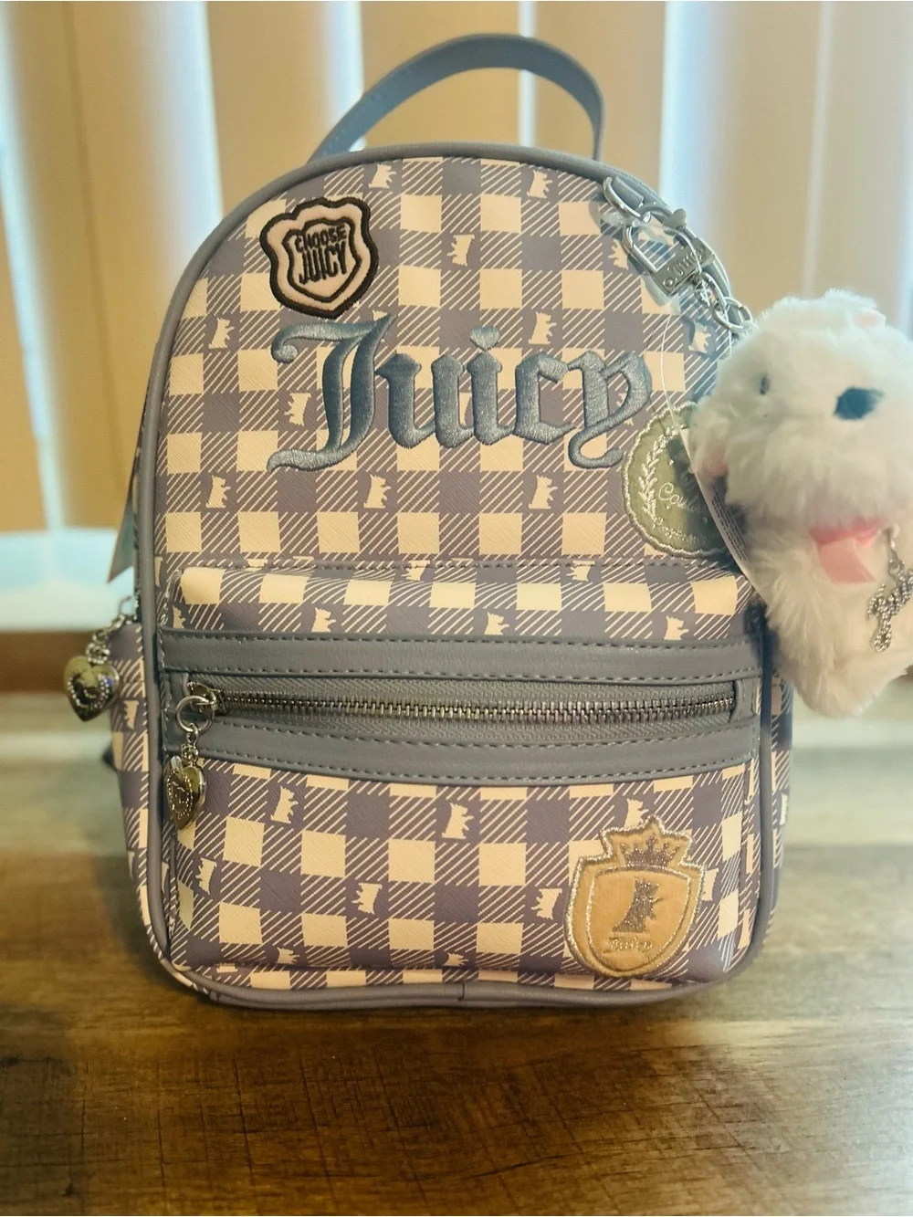 Juicy Couture Study In Style w/scottie Backpack w/ Plush Charm, Dusty Blue Color
